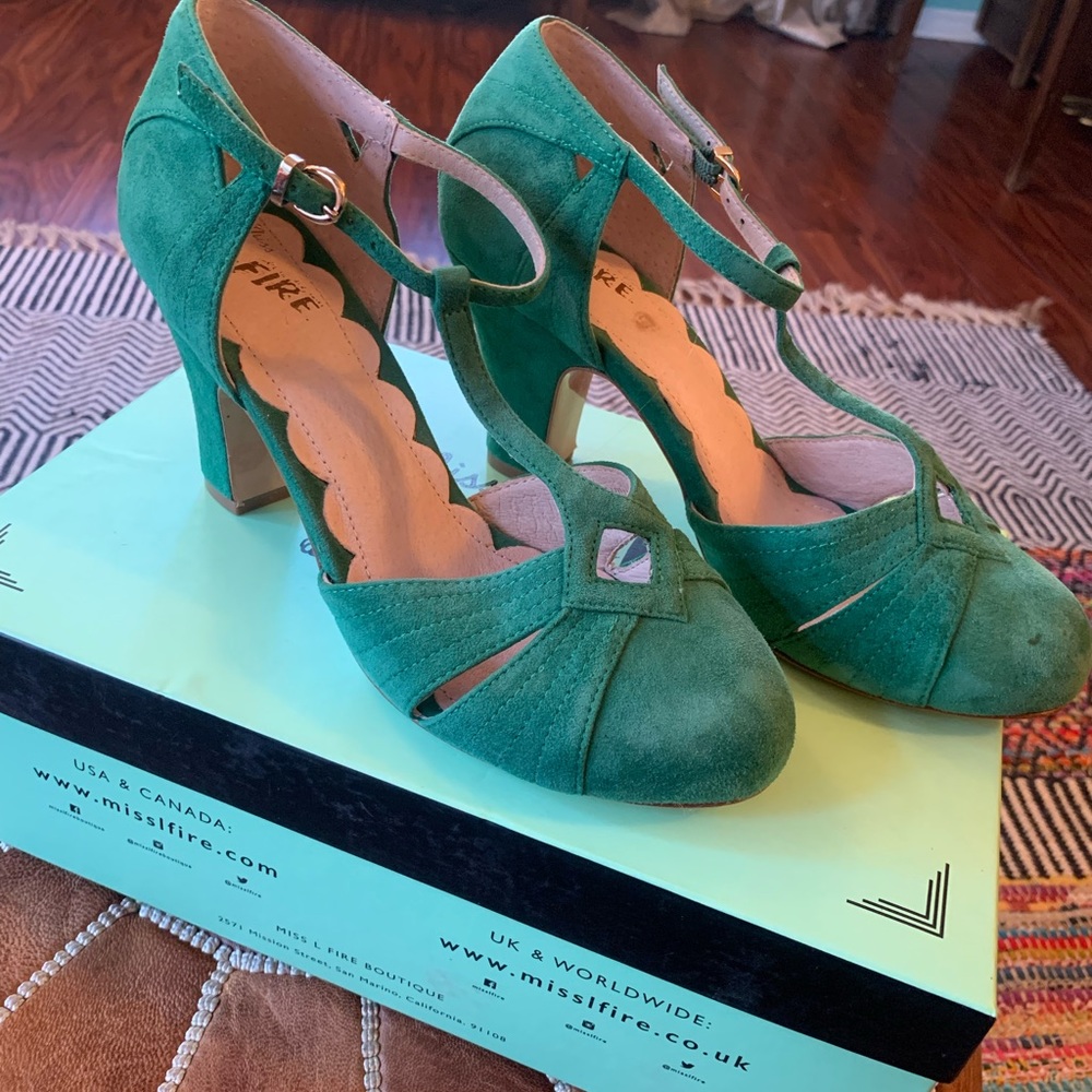 Miss L Fire Green suede heels